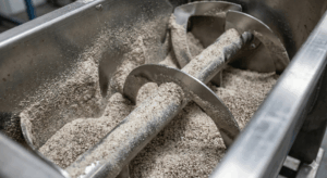Ribbon Blender industrial em aço inox para mistura homogênea de pós e granulados, equipamento usado em processos alimentícios, químicos e farmacêuticos.