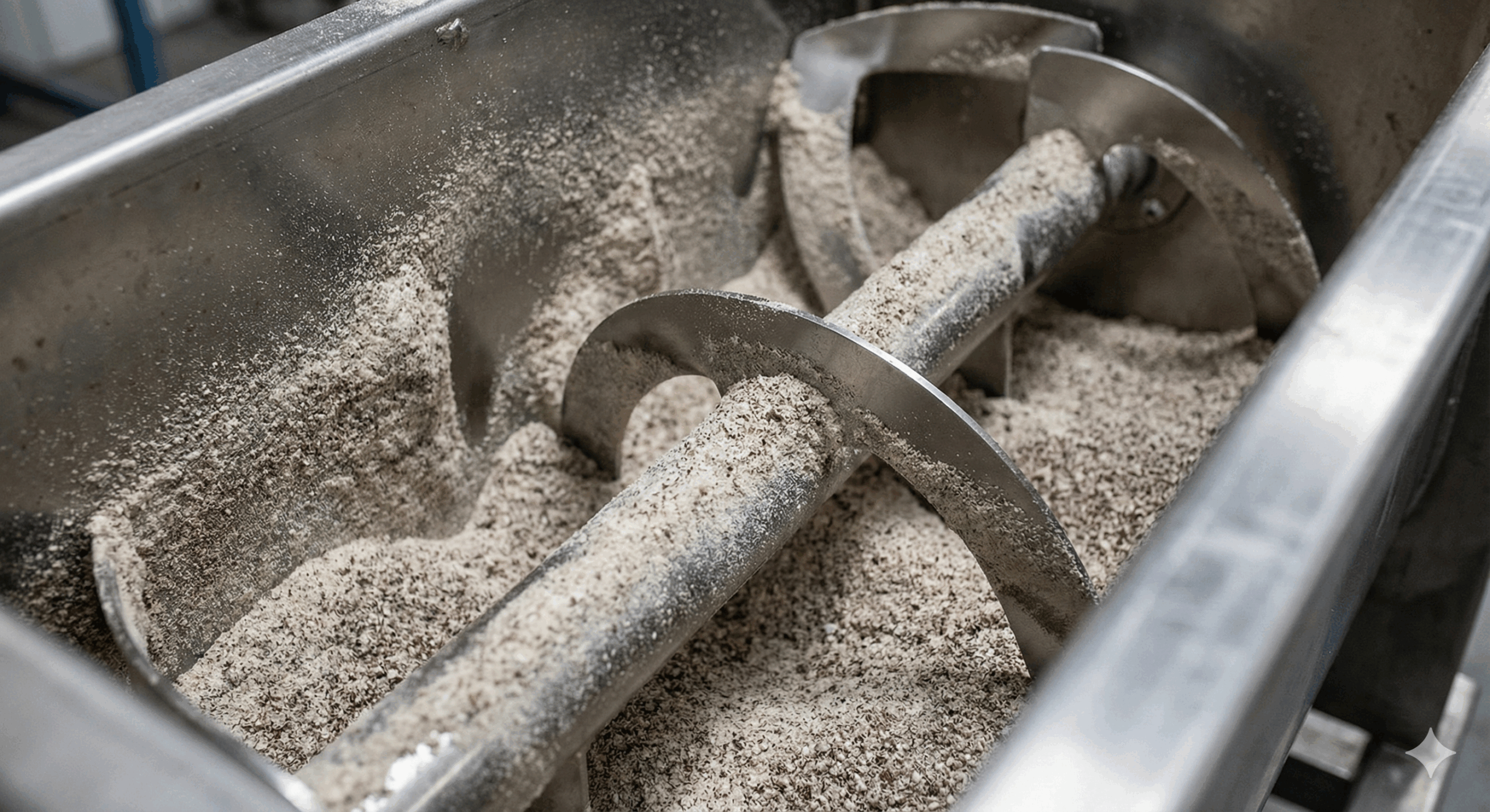 Ribbon Blender industrial em aço inox para mistura homogênea de pós e granulados, equipamento usado em processos alimentícios, químicos e farmacêuticos.