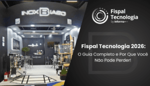 Banner promocional do blog sobre a Fispal Tecnologia 2026, mostrando o moderno estande da Inox Biaso com maquinários de processamento industrial em aço inox de alta tecnologia à esquerda, e à direita os logotipos do evento e o título "Fispal Tecnologia 2026: O Guia Completo e Por Que Você Não Pode Perder!".