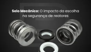 Banner promocional para o blog da Inox Biaso sobre o impacto da escolha do selo mecânico na segurança de reatores químicos. Centralizados em um fundo cinza-escuro com uma marca d'água da letra "B", aparecem componentes de um selo mecânico industrial desmontado, incluindo duas molas helicoidais metálicas e anéis de vedação de borracha e cerâmica branca. Acima dos componentes, destaca-se o título em letras brancas: "Selo Mecânico: O impacto da escolha na segurança de reatores".