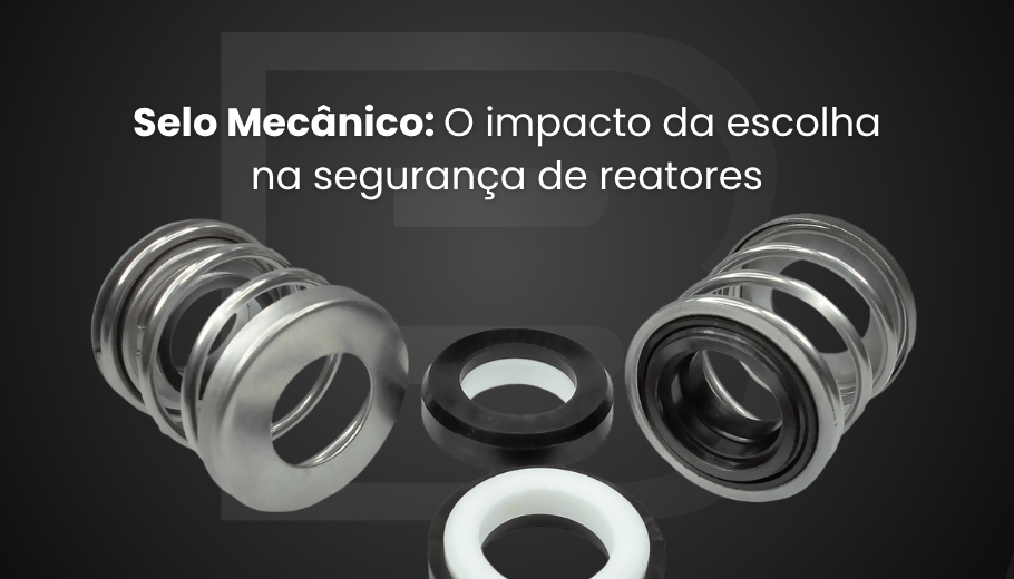 Banner promocional para o blog da Inox Biaso sobre o impacto da escolha do selo mecânico na segurança de reatores químicos. Centralizados em um fundo cinza-escuro com uma marca d'água da letra "B", aparecem componentes de um selo mecânico industrial desmontado, incluindo duas molas helicoidais metálicas e anéis de vedação de borracha e cerâmica branca. Acima dos componentes, destaca-se o título em letras brancas: "Selo Mecânico: O impacto da escolha na segurança de reatores".