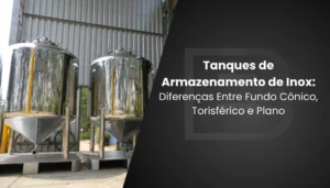 Banner promocional para o blog da Inox Biaso dividido em diagonal. À esquerda, aparecem dois grandes tanques verticais de armazenamento em aço inox polido com fundo cônico, montados sobre suportes de metal em uma área industrial. À direita, sobre um fundo cinza-escuro com a marca d'água do logotipo, lê-se o título em letras brancas: "Tanques de Armazenamento de Inox: Diferenças Entre Fundo Cônico, Torisférico e Plano".