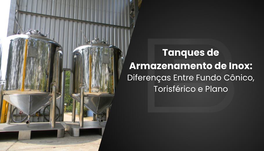 Banner promocional para o blog da Inox Biaso dividido em diagonal. À esquerda, aparecem dois grandes tanques verticais de armazenamento em aço inox polido com fundo cônico, montados sobre suportes de metal em uma área industrial. À direita, sobre um fundo cinza-escuro com a marca d'água do logotipo, lê-se o título em letras brancas: "Tanques de Armazenamento de Inox: Diferenças Entre Fundo Cônico, Torisférico e Plano".