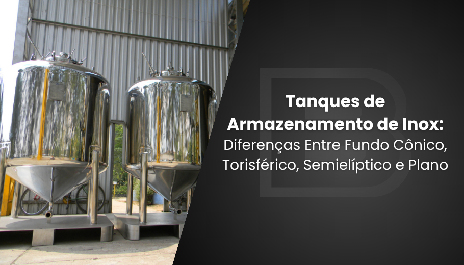 Banner promocional para o blog da Inox Biaso dividido em diagonal. À esquerda, aparecem dois grandes tanques verticais de armazenamento em aço inox polido com fundo cônico, montados sobre suportes de metal em uma área industrial. À direita, sobre um fundo cinza-escuro com a marca d'água do logotipo, lê-se o título em letras brancas: "Tanques de Armazenamento de Inox: Diferenças Entre Fundo Cônico, Torisférico, Semi Elíptico e Plano".